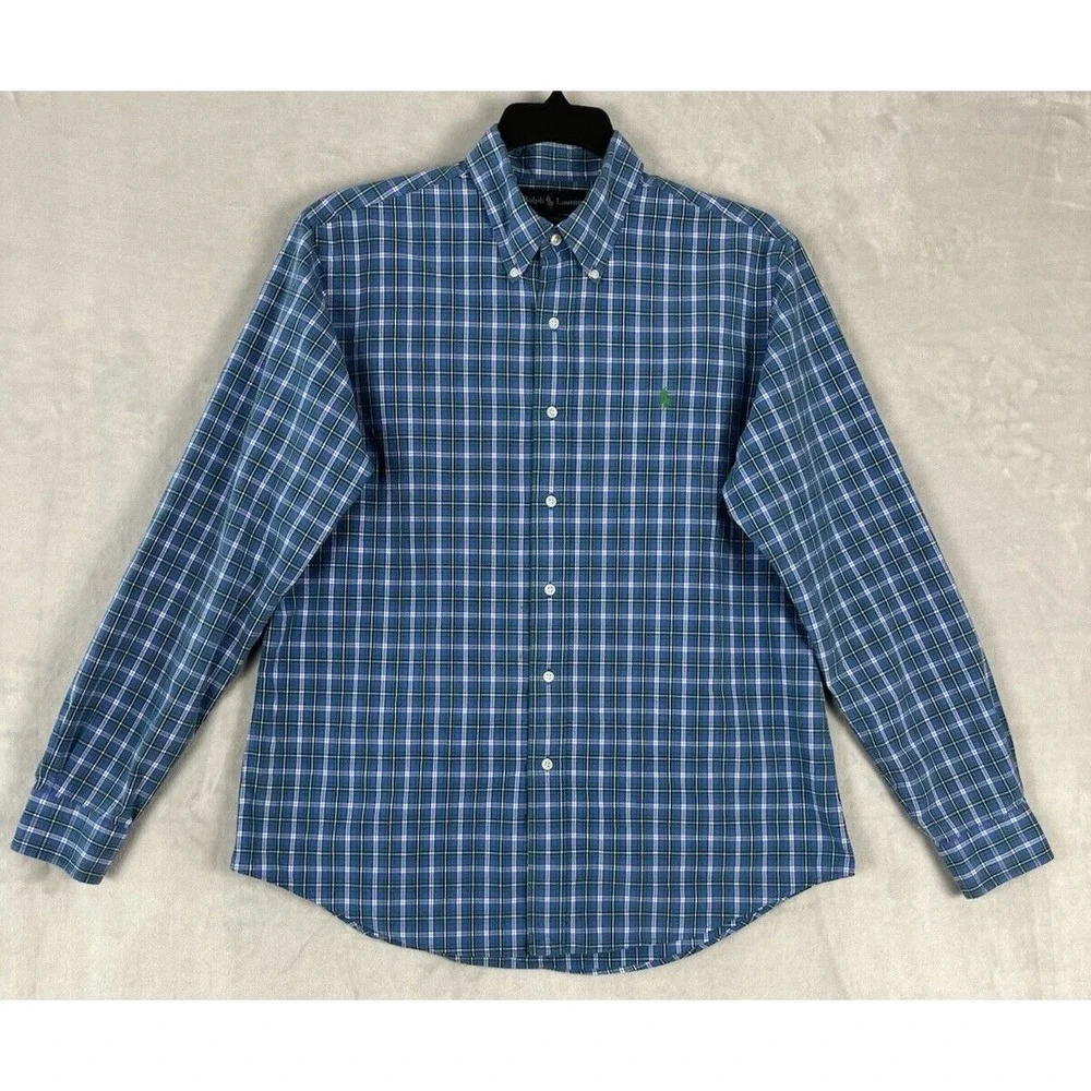 Polo Ralph Lauren Shirt Men Large Blue Check Custom Fit Gingham Button Up Casual